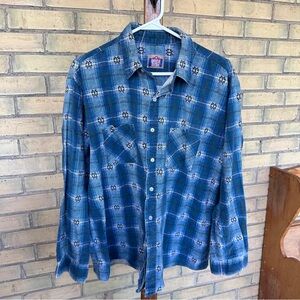 Vintage Aztec/WesternBlue Plaid Long-Sleeve Button-Up Shirt